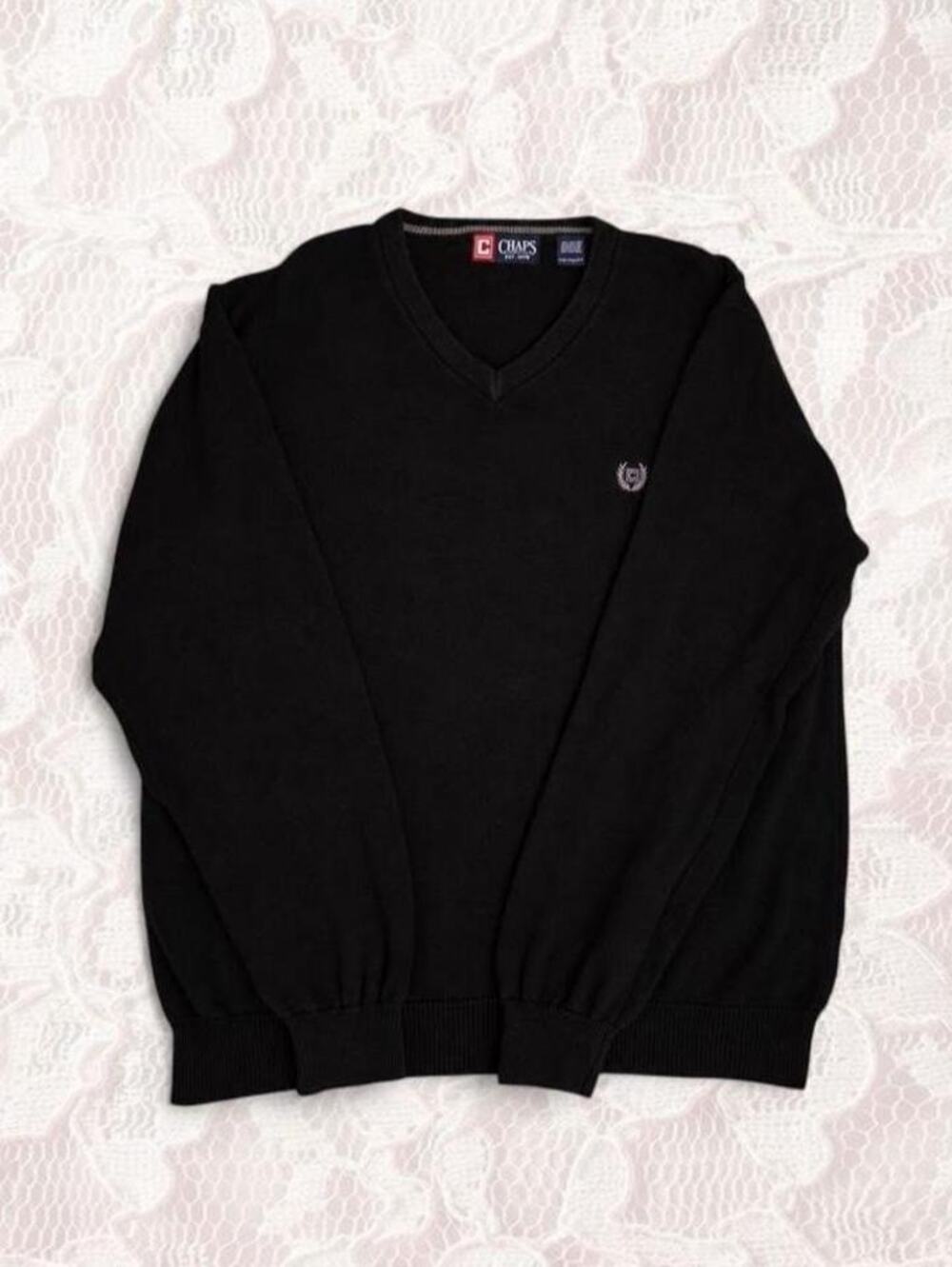Chaps Men's Black V-Neck Knit  Cotton Sweater XL Crest Logo
